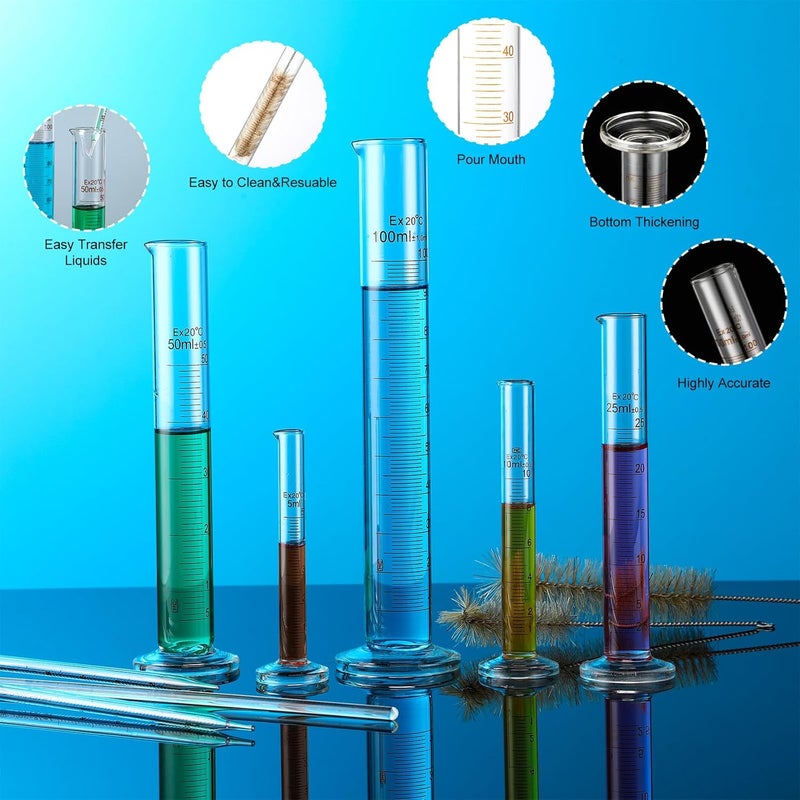 Jetec مجموعة أسطوانات قياس زجاجية سميكة 10 قطع 5 مل 10 مل 25 مل 50 مل 100 مل مع 2 فرشاة و 2 قطارة و 1 قضيب تحريك - Image 3